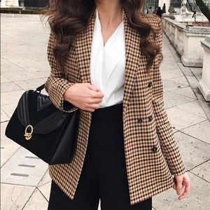 Zara Brown Plaid Double-Breasted Blazer